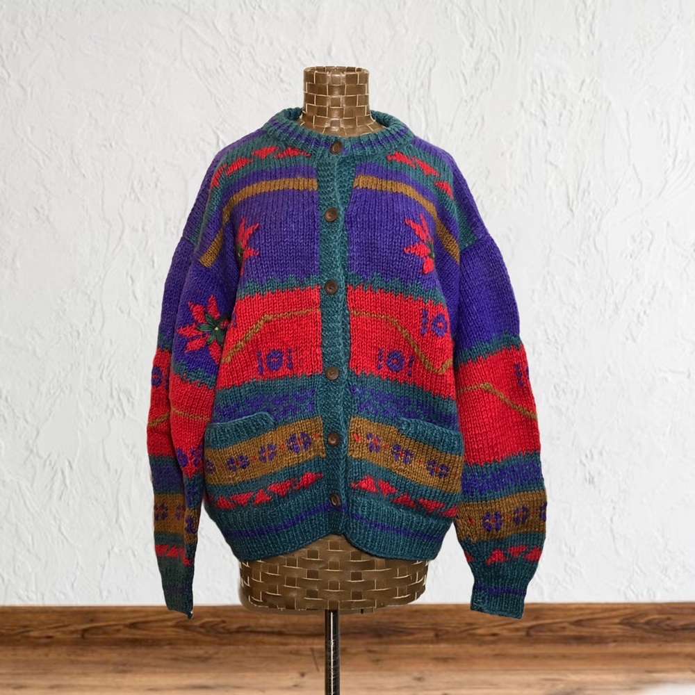 Vintage Handmade in Nepal 100% Wool Cardigan - Picture 4 of 15